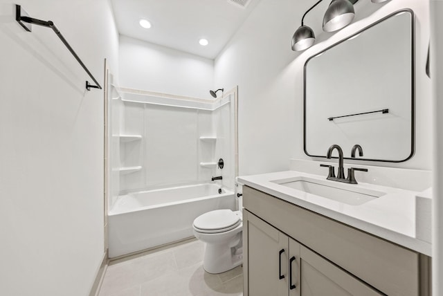 full bathroom with shower / bathing tub combination, tile patterned flooring, toilet, and vanity