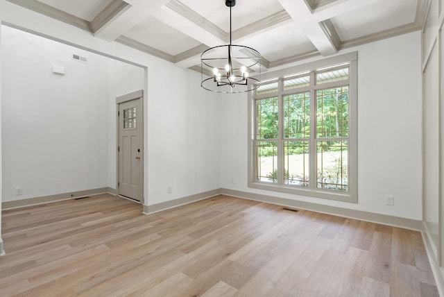 unfurnished room featuring coffered ceiling, beamed ceiling, crown molding, a chandelier, and light hardwood / wood-style floors