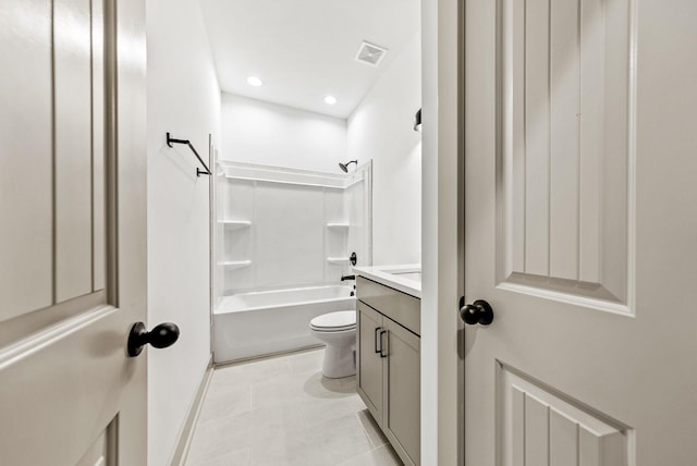 full bathroom featuring shower / tub combination, tile patterned flooring, vanity, and toilet