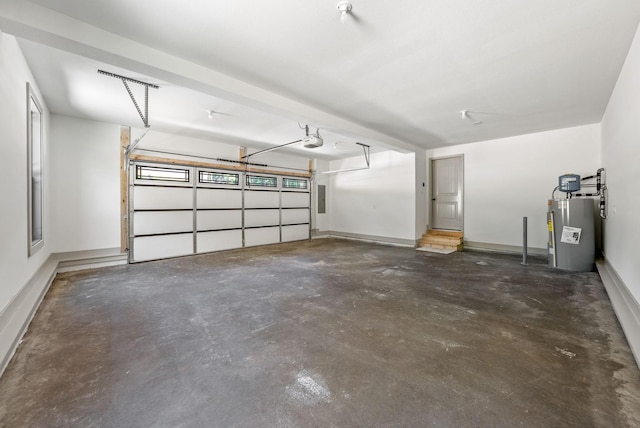 garage with electric panel, a garage door opener, and water heater