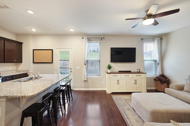 living room featuring ceiling fan, dark hardwood / wood-style flooring, and sink