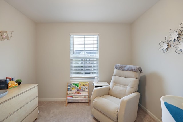 sitting room featuring light carpet