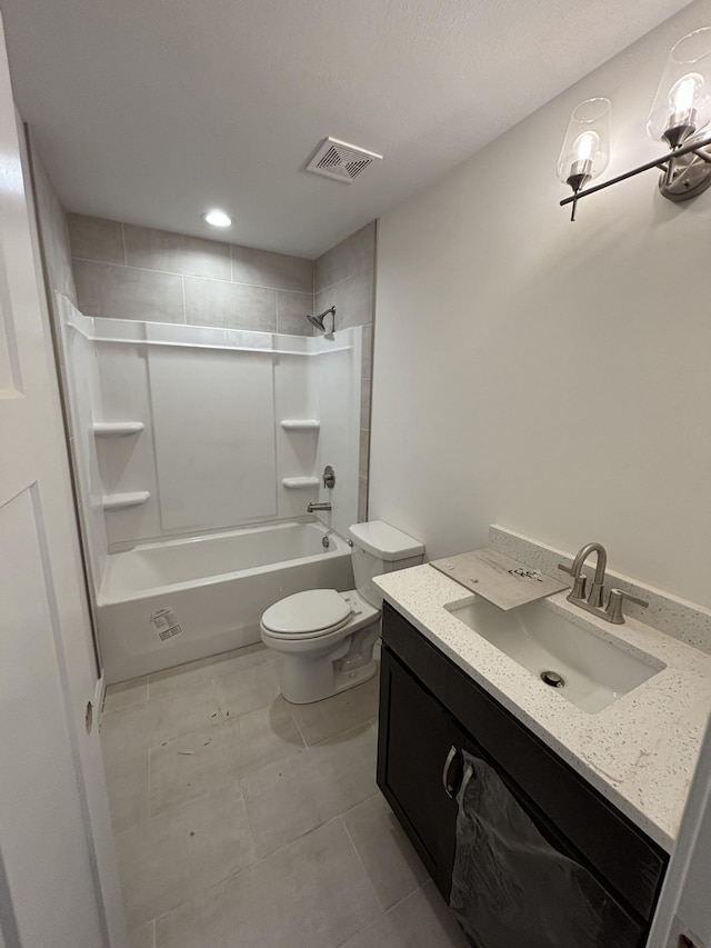 full bath featuring tile patterned floors, visible vents, toilet, shower / bath combination, and vanity