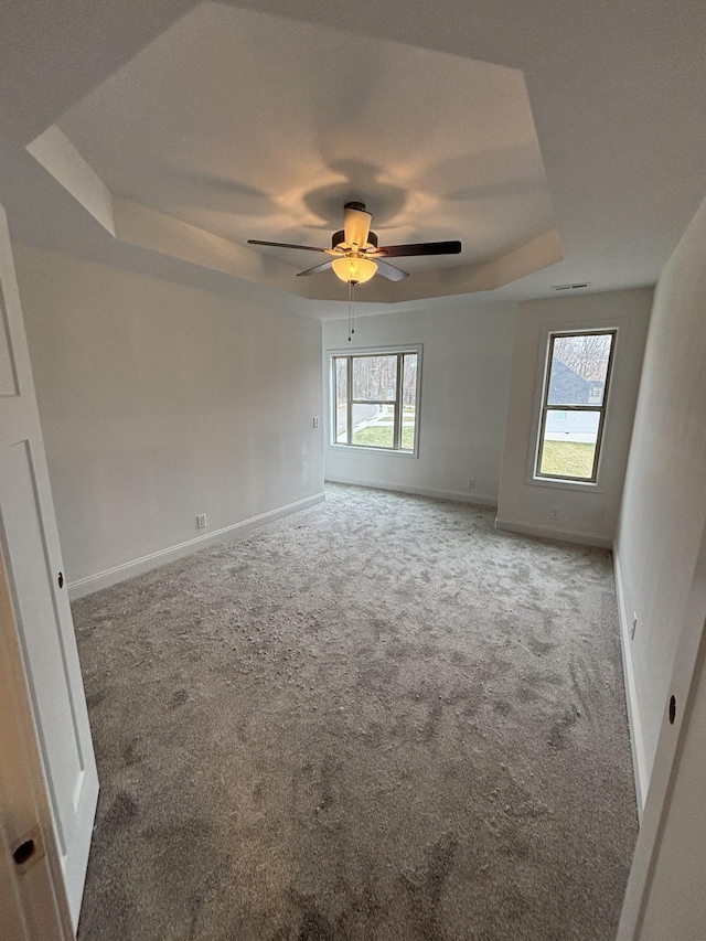 unfurnished bedroom featuring multiple windows, a raised ceiling, carpet, and baseboards