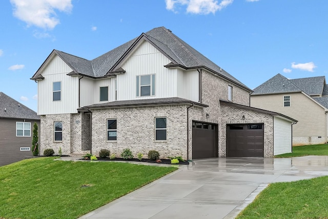 view of front of house featuring brick siding, concrete driveway, roof with shingles, and a front lawn