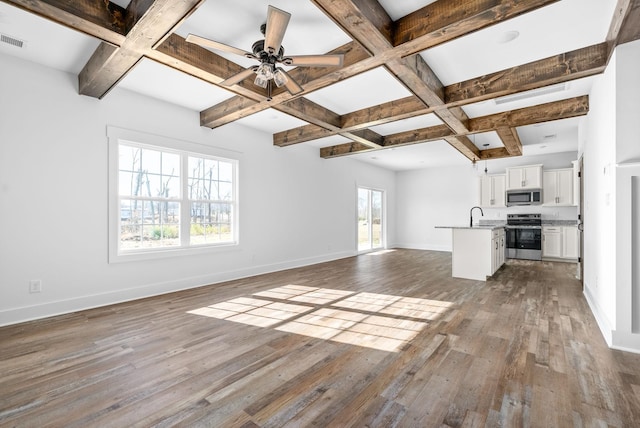 unfurnished living room featuring beam ceiling, dark hardwood / wood-style flooring, and coffered ceiling