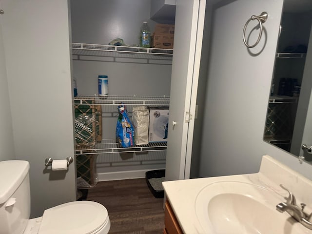 bathroom featuring toilet, wood finished floors, and vanity