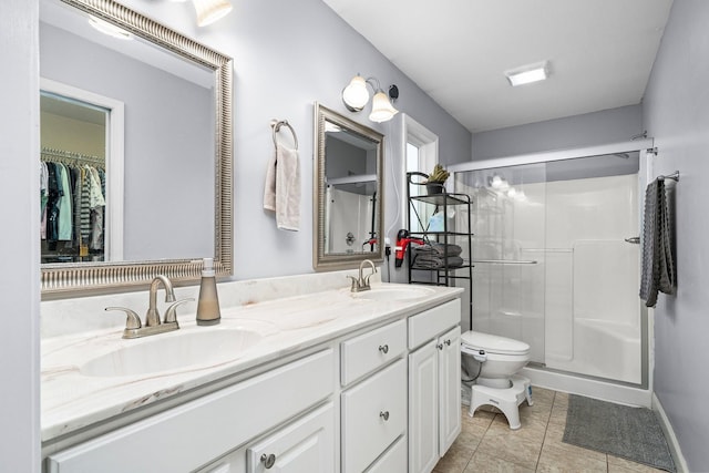 bathroom with tile patterned flooring, vanity, toilet, and a shower with shower door