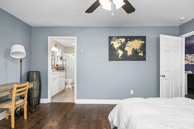 bedroom with hardwood / wood-style floors, ceiling fan, and ensuite bathroom