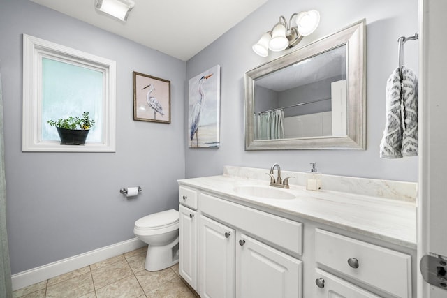 bathroom featuring tile patterned flooring, vanity, toilet, and a shower with curtain