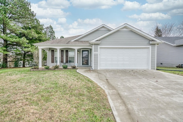 view of front of house with a garage, covered porch, and a front lawn