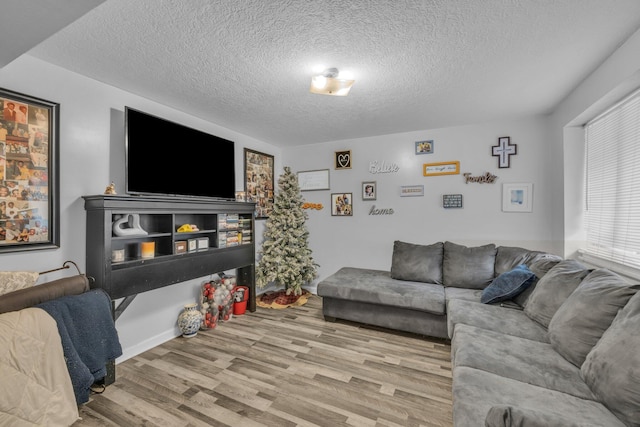 living room featuring a textured ceiling and light hardwood / wood-style flooring