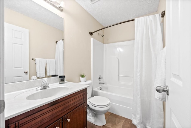 full bathroom with toilet, shower / tub combo, a textured ceiling, vanity, and tile patterned flooring