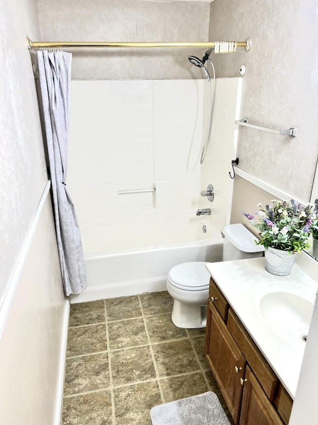 full bathroom with vanity, toilet, and shower / bathtub combination with curtain