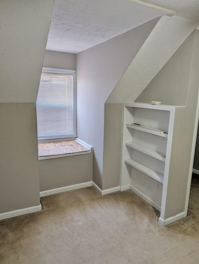 additional living space featuring vaulted ceiling, light carpet, and a textured ceiling