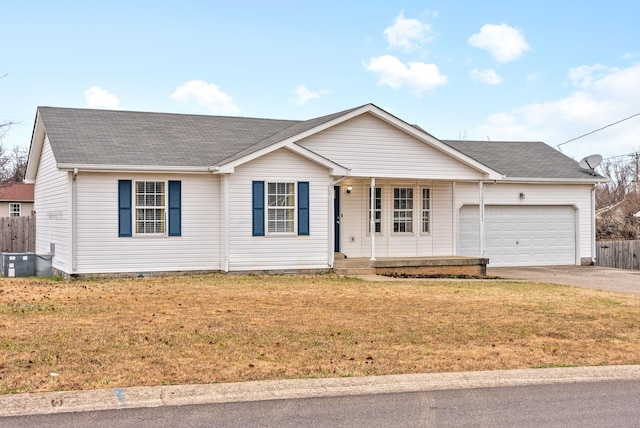 ranch-style home with a porch, cooling unit, a garage, and a front lawn