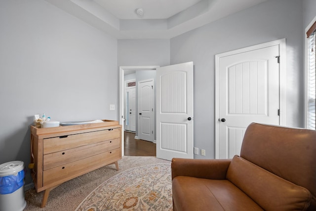 sitting room featuring a tray ceiling and dark wood-type flooring