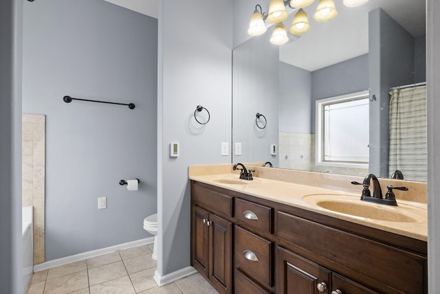 full bathroom with tile patterned flooring, vanity, toilet, and plus walk in shower