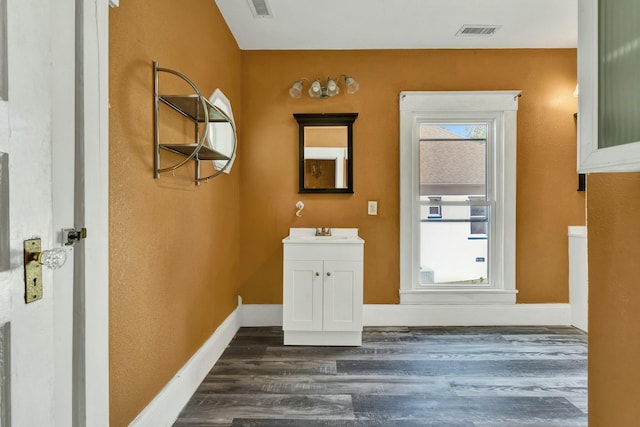 bathroom featuring vanity and wood-type flooring