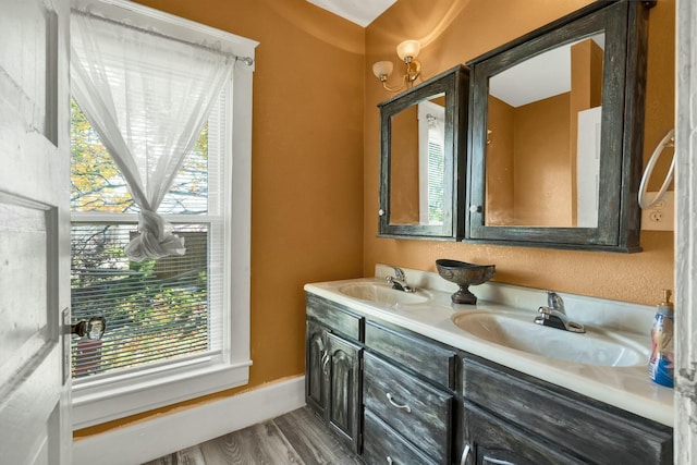 bathroom featuring vanity and hardwood / wood-style flooring