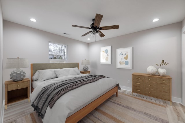 bedroom with ceiling fan and light wood-type flooring