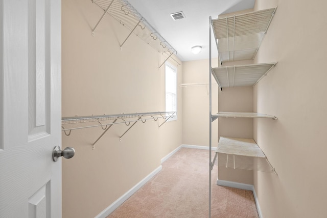 walk in closet featuring light colored carpet