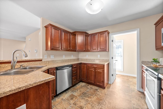 kitchen with kitchen peninsula, electric range, stainless steel dishwasher, and sink