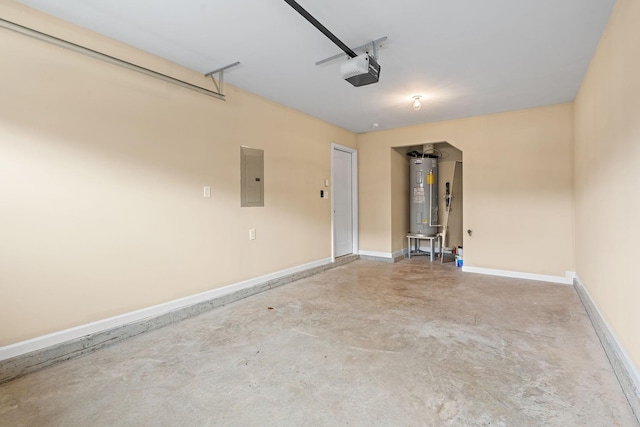 garage featuring electric panel, a garage door opener, and water heater