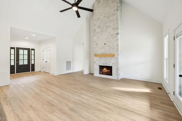 1049 Gholson Rd, Clarksville, TN 37043 - unfurnished living room featuring wood finished floors, visible vents, high vaulted ceiling, and ceiling fan
