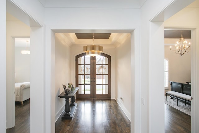 entrance foyer with dark wood-style floors, a wealth of natural light, and french doors