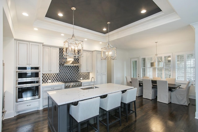 kitchen with dark wood-style floors, a tray ceiling, a kitchen island with sink, and a sink