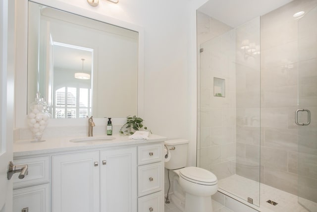 bathroom with toilet, a shower stall, and vanity