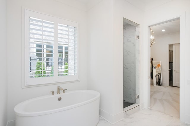 bathroom featuring recessed lighting, marble finish floor, ornamental molding, a soaking tub, and a marble finish shower