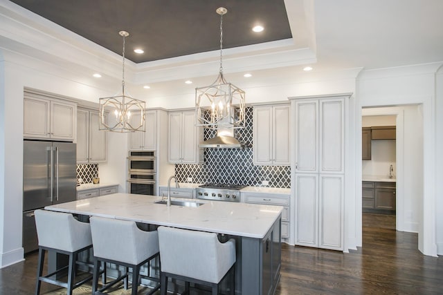 kitchen with tasteful backsplash, a kitchen island with sink, a tray ceiling, stainless steel appliances, and a sink