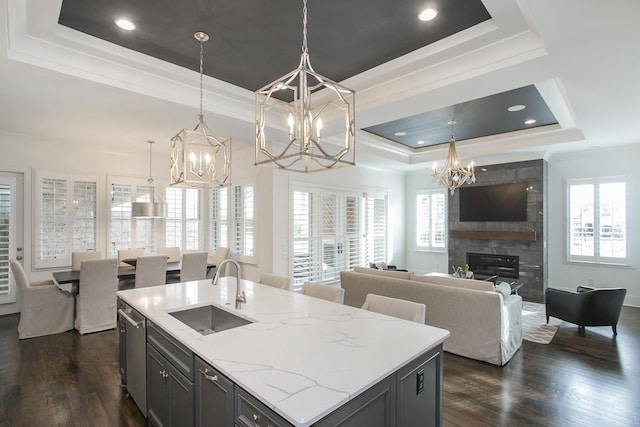 kitchen with crown molding, dark wood finished floors, a fireplace, a raised ceiling, and a sink