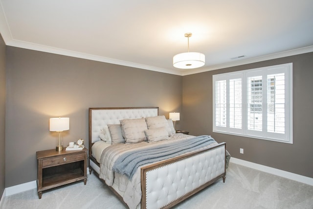 bedroom featuring light carpet, visible vents, baseboards, and crown molding