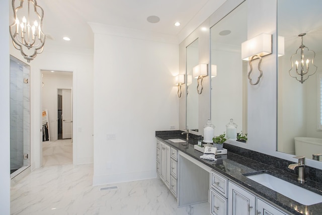 full bathroom with baseboards, marble finish floor, an inviting chandelier, crown molding, and a sink