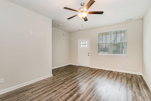 entryway featuring dark hardwood / wood-style floors and ceiling fan