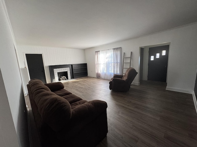 living room featuring a fireplace and dark wood-type flooring