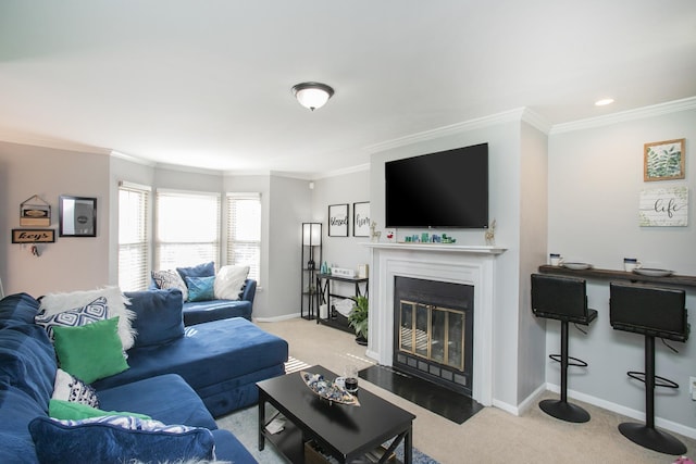 living room with light colored carpet and crown molding