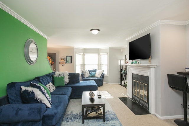 carpeted living room featuring ornamental molding