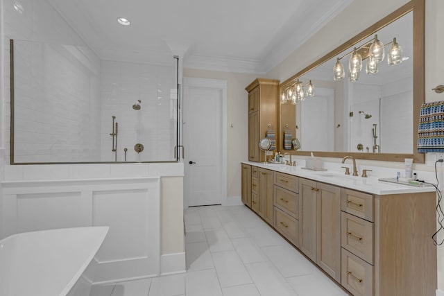 bathroom featuring tile patterned floors, crown molding, vanity, and shower with separate bathtub