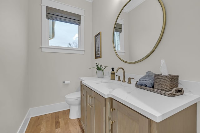 bathroom featuring vanity, hardwood / wood-style flooring, and toilet