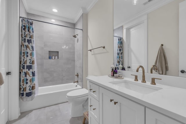 full bathroom with toilet, vanity, shower / bath combination with curtain, and ornamental molding