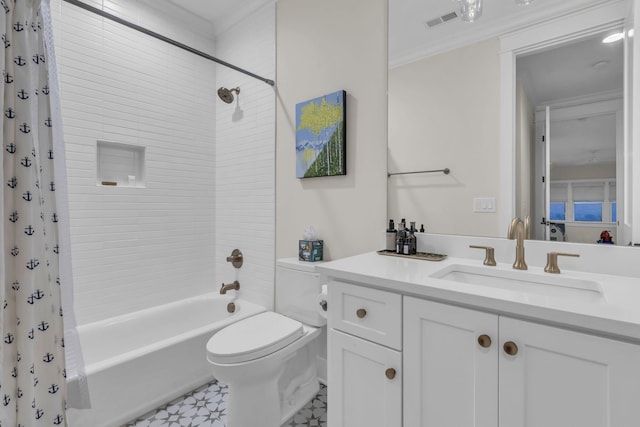 full bathroom featuring shower / bath combo with shower curtain, vanity, toilet, and crown molding