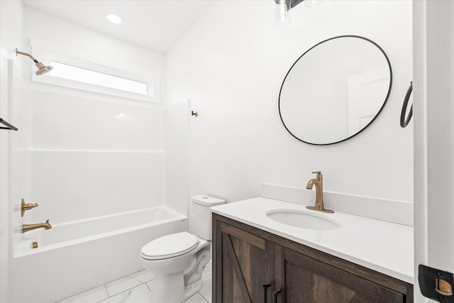 full bathroom with toilet, vanity, and shower / bathing tub combination