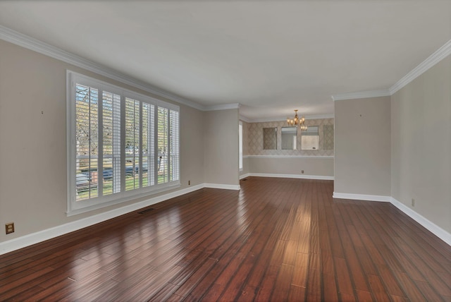 unfurnished living room featuring a notable chandelier, dark hardwood / wood-style floors, and crown molding