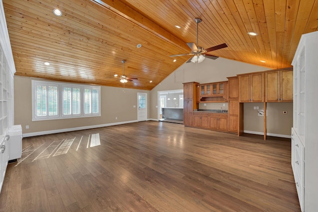 unfurnished living room featuring dark wood-type flooring, high vaulted ceiling, ceiling fan, and wooden ceiling