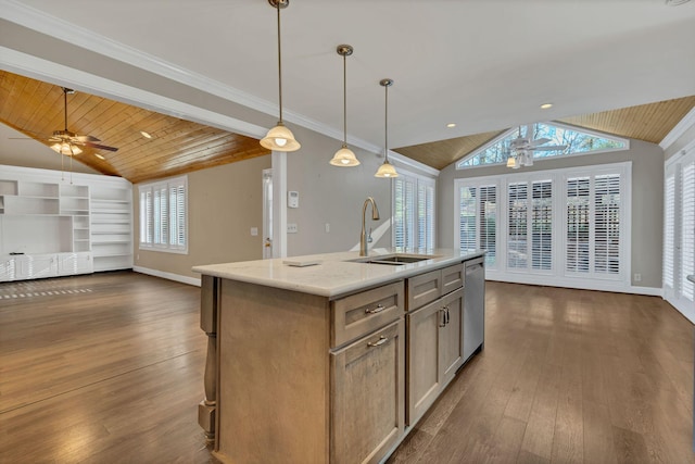 kitchen with ceiling fan, sink, a center island with sink, wooden ceiling, and hanging light fixtures