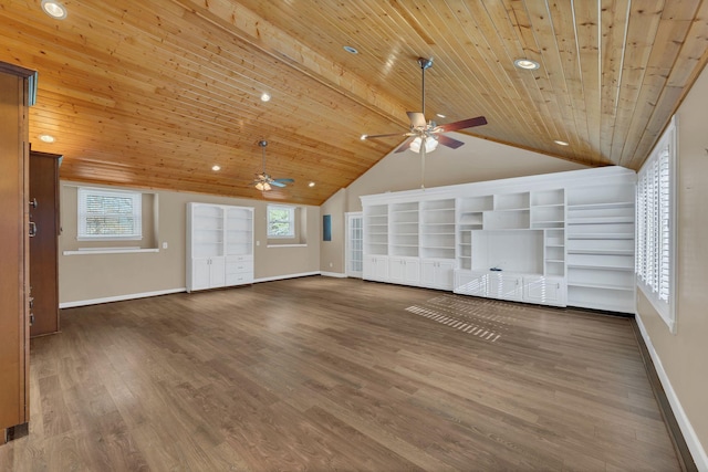 unfurnished living room featuring ceiling fan, dark wood-type flooring, high vaulted ceiling, and wooden ceiling